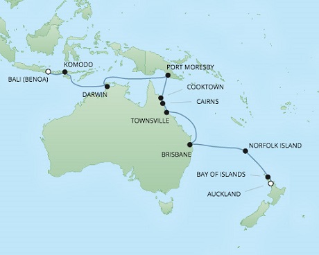 Cruises RSSC Regent Seven Voyager Map Detail Auckland, New Zealand to Benoa (Bali), Indonesia March 6-24 2018 - 18 Days