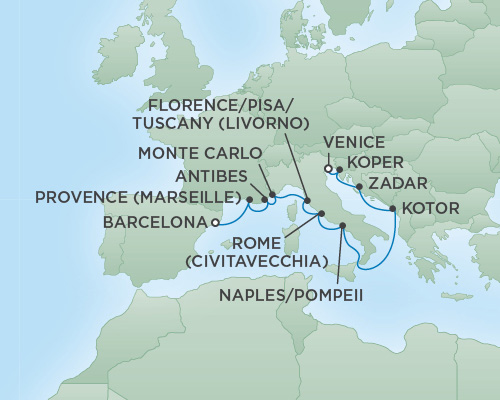 Cruises RSSC Regent Seven Voyager Map Detail Barcelona, Spain to Venice, Italy August 25 September 6 2018 - 12 Days