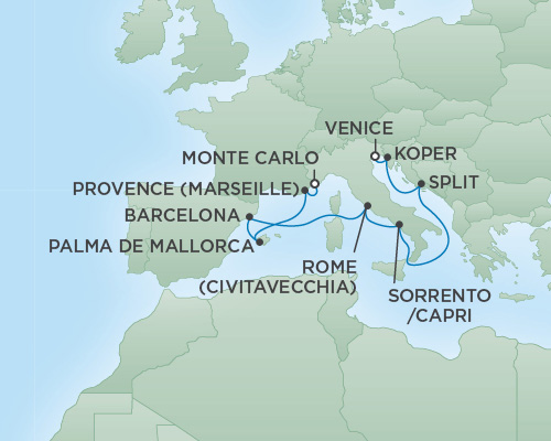 Cruises RSSC Regent Seven Voyager Map Detail Monte Carlo, Monaco to Venice, Italy September 20-30 2018 - 10 Days