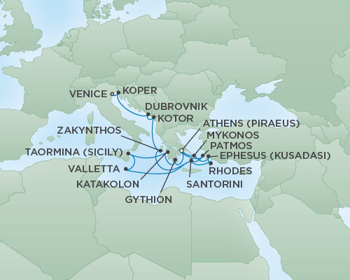 Cruises RSSC Regent Seven Voyager Map Detail Venice, Italy to Athens (Piraeus), Greece September 30 October 17 2018 - 17 Days