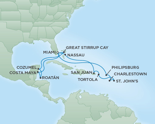 Cruises RSSC Regent Seven Voyager Map Detail Miami, Florida to Miami, Florida March 5-22 2019 - 17 Days