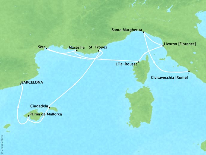 Seabourn Cruises Encore Map Detail Barcelona, Spain to Civitavecchia, Italy August 15-25 2017 - 10 Days