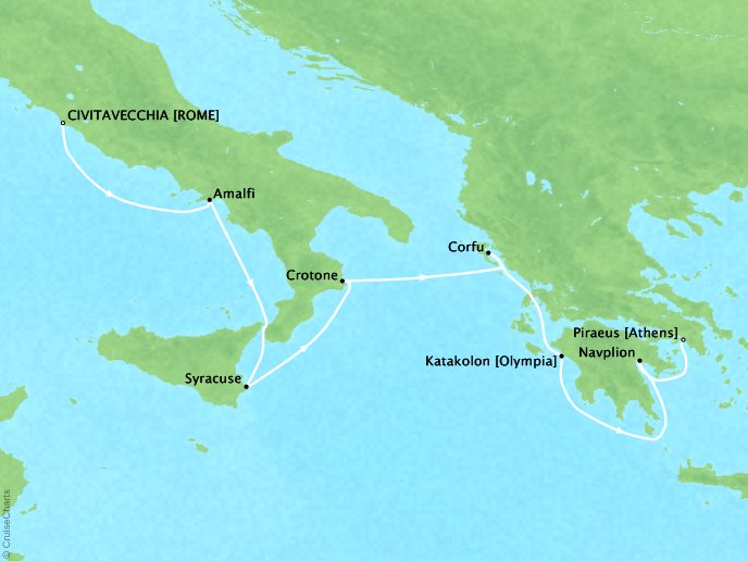 Seabourn Cruises Encore Map Detail Civitavecchia, Italy to Piraeus (Athens), Greece June 10-17 2017 - 7 Days
