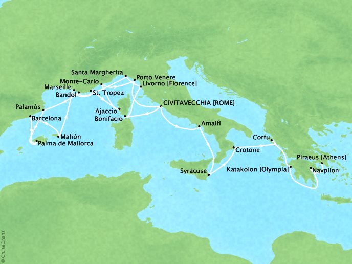 Seabourn Cruises Encore Map Detail Civitavecchia, Italy to Piraeus, Greece May 27 June 17 2017 - 21 Days
