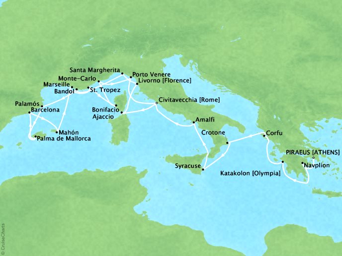 Seabourn Cruises Encore Map Detail Piraeus (Athens), Greece to Civitavecchia, Italy May 6-27 2017 - 21 Days - Voyage 7731B