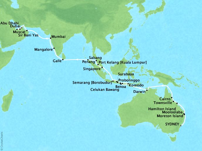 Seabourn Cruises Encore Map Detail Sydney, Australia to Dubai, United Arab Emirates Ferbruary 22 April 9 2018 - 47 Days