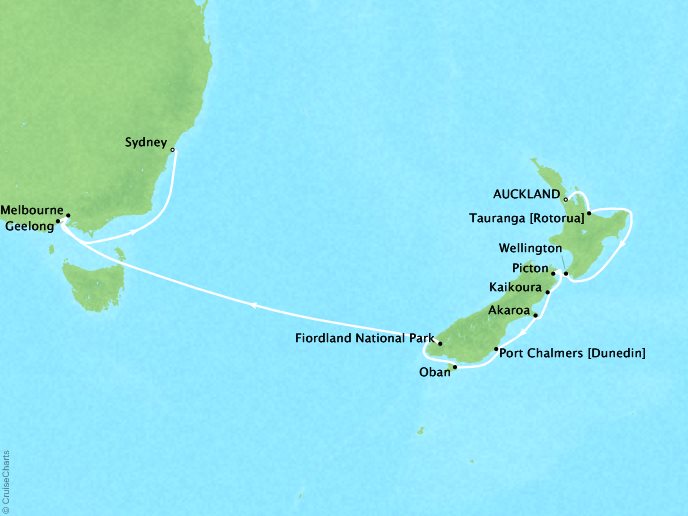 Seabourn Cruises Encore Map Detail Auckland, New Zealand to Sydney, Australia January 5-21 2018 - 17 Days
