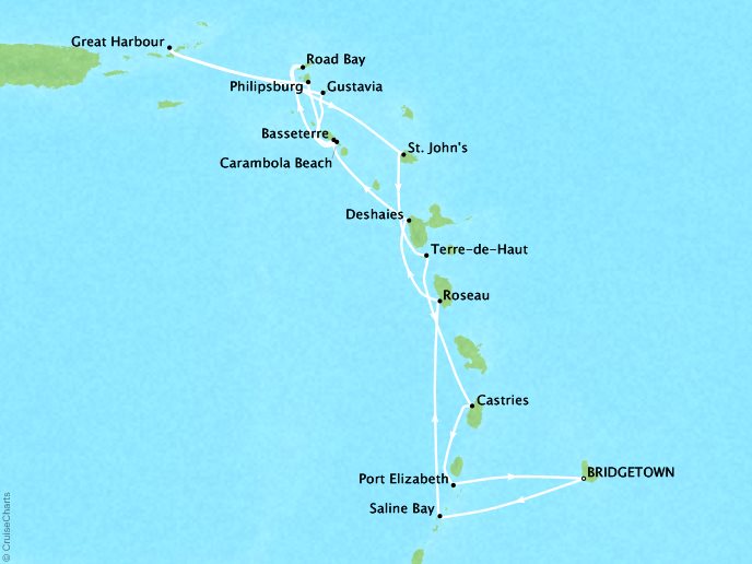 Seabourn Cruises Odyssey Map Detail Bridgetown, Barbados to Bridgetown, Barbados February 17 March 3 2018 - 15 Days