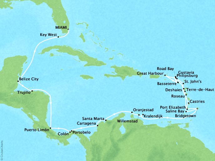 Seabourn Cruises Odyssey Map Detail Miami, FL, United States to Bridgetown, Barbados January 18 February 17 2018 - 31 Days