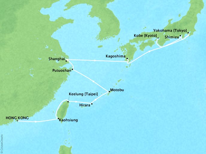 Seabourn Cruises Sojourn Map Detail Hong Kong, China to Kobe, Japan April 23 May 11 2017 - 18 Days - Voyage 5723