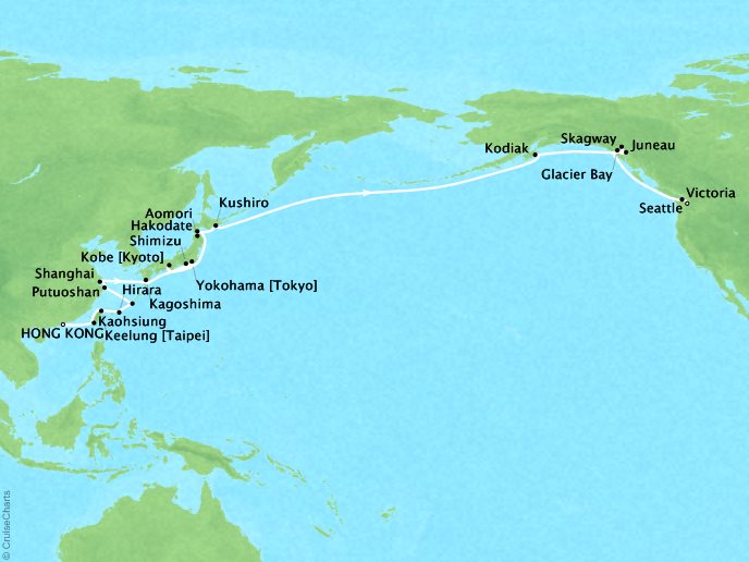 Seabourn Cruises Sojourn Map Detail Hong Kong, China to Seattle, Washington, US April 23 May 31 2017 - 39 Days - Voyage 5723A