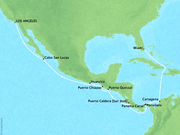 Seabourn Cruises Sojourn Map Detail Los Angeles, CA, United States to Miami, FL, United States November 15 December 3 2017 - 19 Days