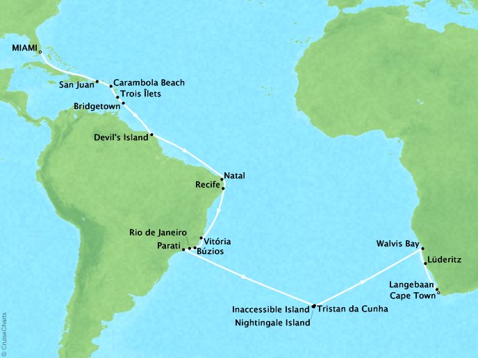 Seabourn Cruises Sojourn Map Detail Miami, FL, United States to Cape Town, South Africa January 4 February 11 2018 - 38 Days