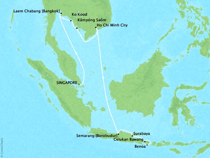 Seabourn Cruises Sojourn Map Detail Singapore, Singapore to Benoa (Bali), Indonesia March 19 April 4 2018 - 17 Days