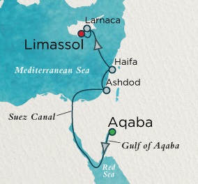 Crystal Cruises Esprit Map Detail Petra (Aqaba), Jordan to Limassol, Cyprus April 8-16 2018 - 8 Days