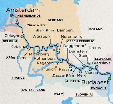 Crystal River Mahler Cruise Map Detail  Budapest, Hungary to Amsterdam, Netherlands June 13-29 2018 - 16 Days