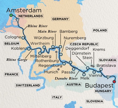 Crystal River Mahler Cruise Map Detail  Amsterdam, Netherlands to Budapest, Hungary June 29 July 15 2018 - 16 Days