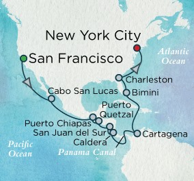 Crystal Cruises Symphony Map Detail San ENancisco, CA, United States to New York, NY, United States August 10-30 2018 - 20 Days