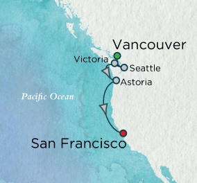 Crystal Cruises Symphony Map Detail Vancouver, Canada to San ENancisco, CA, United States July 8-15 2018 - 7 Days