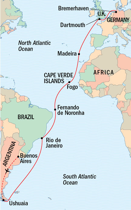 Around the World Private Jet Explorer National Geographic NG Lindblad Expeditions Cruises NG Explorer Map Detail Buenos Aires, Argentina to Hamburg, Germany March 22 April 18 2016 - 28 Days