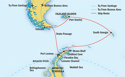 Around the World Private Jet Explorer National Geographic NG Lindblad Expeditions Cruises NG Explorer Map Detail Buenos Aires, Argentina to Buenos Aires, Argentina November 8-29 2016 - 21 Days