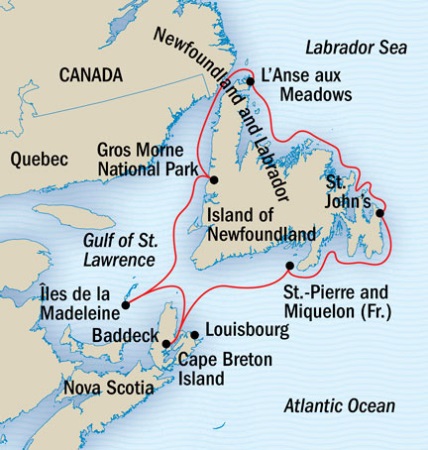 Around the World Private Jet Explorer National Geographic NG Lindblad Expeditions Cruises NG Explorer Map Detail St. John's, Canada to St. John's, Canada September 15-22 2016 - 8 Days