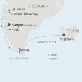 Ponant Yacht Cruises Le Boreal  Map Detail Reykjav�k, Iceland to Kangerlussuaq, Greenland July 31 August 10 2017 - 10 Days