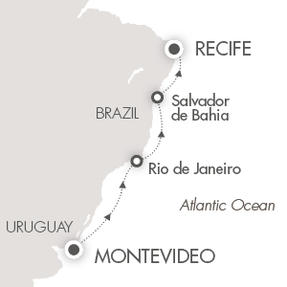 Ponant Yacht Cruises Le Soleal  Map Detail Montevideo, Uruguay to Recife, Brazil March 8-17 2017 - 9 Days