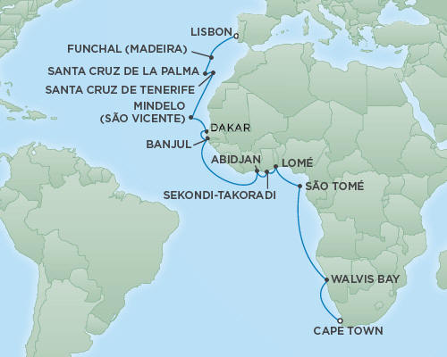 Cruises RSSC Regent Seven Explorer Map Detail Lisbon, Portugal to Cape Town, South Africa November 28 December 22 2018 - 24 Days