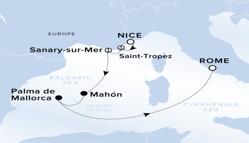 A map showing the Balearic Sea and Tyrrhenian Sea. A line shows the voyage route from Nice to Saint-Tropez, Sanary-sur-Mer, Mahn, Palma de Mallorca and Rome.