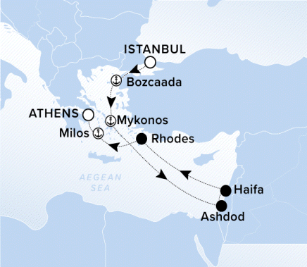 The Ritz-Carlton Evrima A map showing the Aegean Sea. A line shows the voyage route from Istanbul to Bozcaada, Mykonos, Ashdod, Haifa, Rhodes, Milos and Athens.