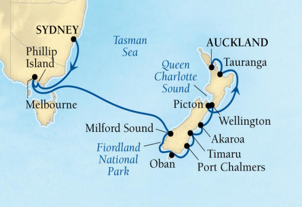 Seabourn Encore Cruise Map Detail Sydney, Australia to Auckland, New Zealand February 2-18 2017 - 16 Days - Voyage 7715