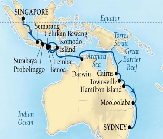 Seabourn Encore Cruise Map Detail Singapore to Sydney, Australia January 7 February 2 2017 - 26 Days - Voyage 7710A