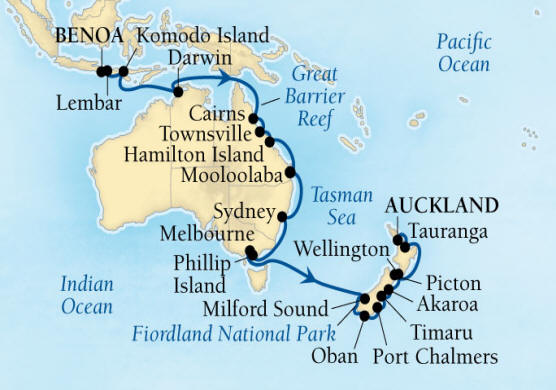 Seabourn Encore Cruise Map Detail Benoa (Denpasar), Bali, Indonesia to Auckland, New Zealand January 17 February 18 2017 - 32 Days - Voyage 7711A