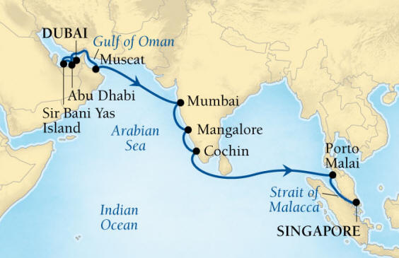 Seabourn Encore Cruise Map Detail Dubai, United Arab Emirates to Singapore December 20 2016 January 7 2017 - 18 Days - Voyage 7680
