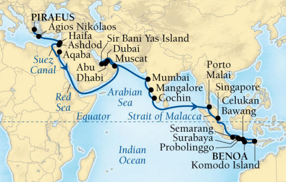 Seabourn Encore Cruise Map Detail Piraeus (Athens), Greece to Benoa (Denpasar), Bali, Indonesia December 4 2016 January 17 2017 - 44 Days - Voyage 7679B