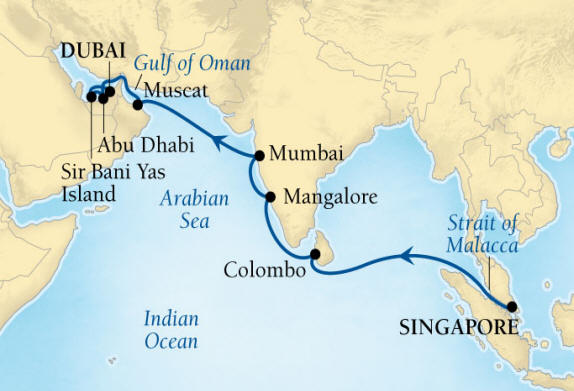 Seabourn Encore Cruise Map Detail Singapore to Dubai, United Arab Emirates April 1-17 2017 - 16 Days - Voyage 7725