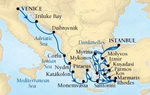 Seabourn Odyssey Cruise Map Detail Venice, Italy to Istanbul, Turkey July 25 August 15 2015 - 21 Days - Voyage 4542B