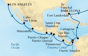 Seabourn Odyssey Cruise Map Detail Los Angeles, California, US to Barcelona, Spain March 21 April 24 2016 - 34 Days - Voyage 4618A