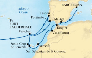 Seabourn Odyssey Cruise Map Detail Barcelona, Spain to Fort Lauderdale, Florida, US November 23 December 19 2016 - 26 Days - Voyage 4675A