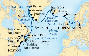 Seabourn Quest Cruise Map Detail Copenhagen, Denmark to Boston, Massachusetts, US August 8 September 11 2015 - 34 Days - Voyage 6540A
