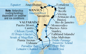 Seabourn Quest Cruise Map Detail Manaus, Brazil to Valparaiso (Santiago), Chile November 9 December 20 2015 - 41 Days - Voyage 6555A