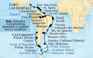 Seabourn Quest Cruise Map Detail Fort Lauderdale, Florida, US to Valparaiso (Santiago), Chile October 25 December 20 2015 - 56 Days - Voyage 6554B