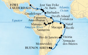 Seabourn Quest Cruise Map Detail Fort Lauderdale, Florida, US to Buenos Aires, Argentina October 25 November 29 2015 - 35 Days - Voyage 6554A