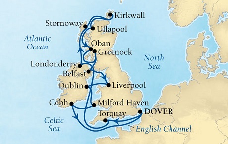 Seabourn Quest Cruise Map Detail Dover (London), England, UK to Dover (London), England, UK August 4-20 2016 - 16 Days - Voyage 6639