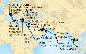 Seabourn Sojourn Cruise Map Detail Monte Carlo, Monaco to Singapore October 17 December 6 2015 - 50 Days - Voyage 5554B