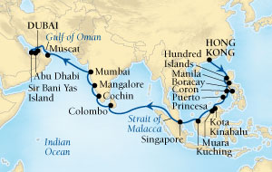 Seabourn Sojourn Cruise Map Detail Hong Kong, China to Dubai, United Arab Emirates April 3 May 5 2016 - 32 Days - Voyage 5620A