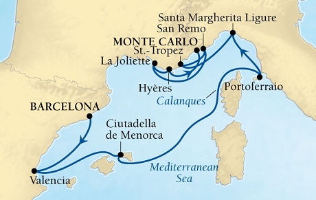 Seabourn Sojourn Cruise Map Detail Barcelona, Spain to Monte Carlo, Monaco August 22 September 1 2016 - 10 Days - Voyage 5648