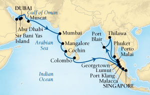 Seabourn Sojourn Cruise Map Detail Dubai, United Arab Emirates to Singapore December 5 2016 January 7 2017 - 33 Days - Voyage 5670A
