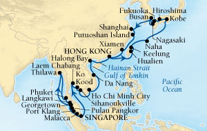 Seabourn Sojourn Cruise Map Detail Singapore to Hong Kong, China February 14 April 3 2016 - 49 Days - Voyage 5613B